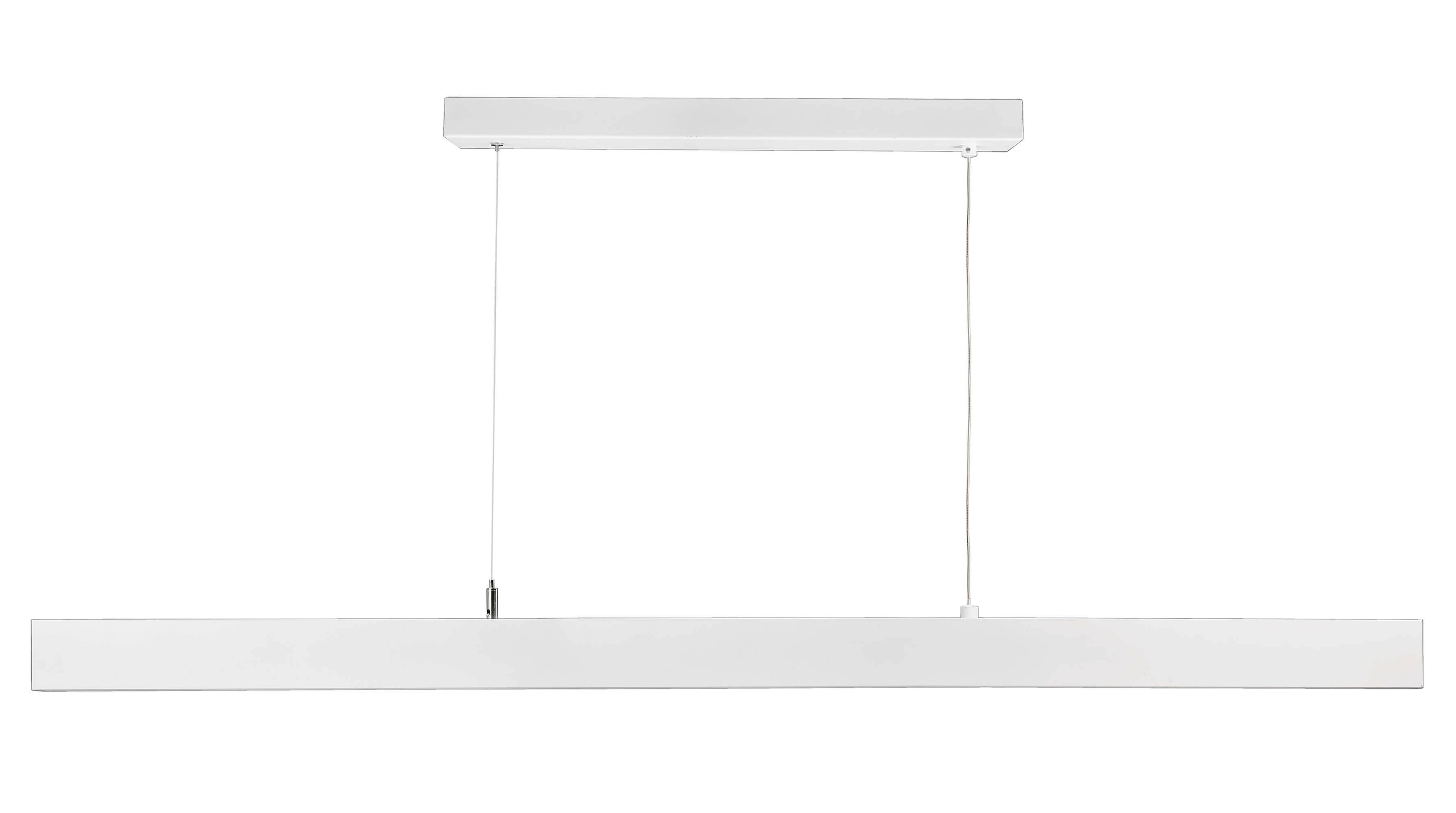 Moderna, bela viseča svetilka z dolgim, pravokotnim dizajnom, obešena na dveh tankih žicah. Idealna za minimalistične prostore.