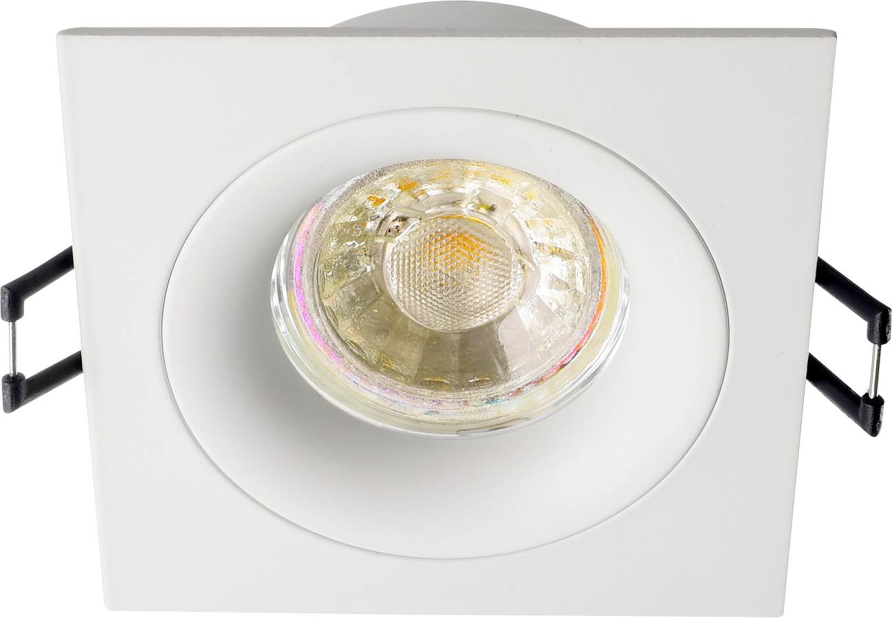 Kvadratni LED stropni reflektor v beli barvi z okroglim, nagibnim svetilom na sredini.