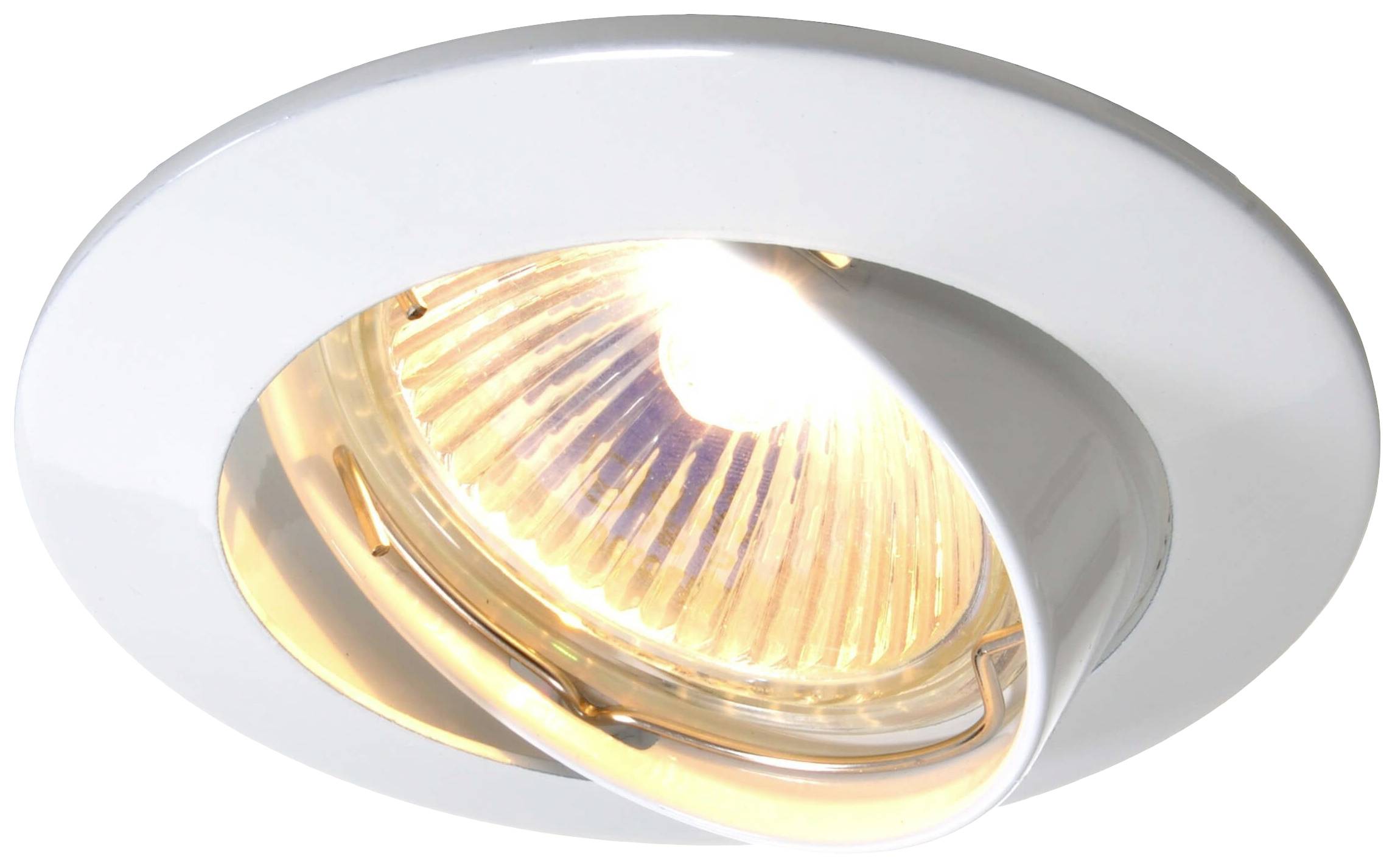 Okrogla, bela stropna luč z vgrajeno, svetlo sijoče halogenko, njen notranji reflektor pa nakazuje smer svetlobe.