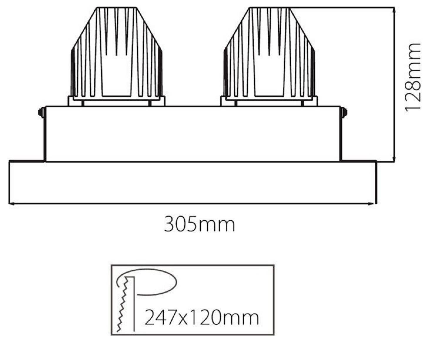 Tehnična risba pravokotnega svetilnega telesa z dvema rebrastima žarnicama; prikazane mere so 305 mm širine in 128 mm višine, montažna odprtina pa 247 x 120 mm.