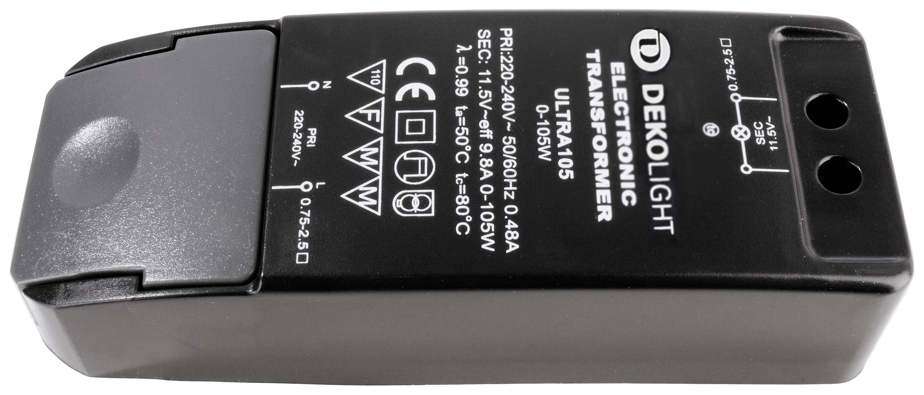 Pravokoten elektronski transformator znamke Dekolight, črne barve, s specifikacijami: vhod 220-240V in izhod 11,5V 50/60Hz.