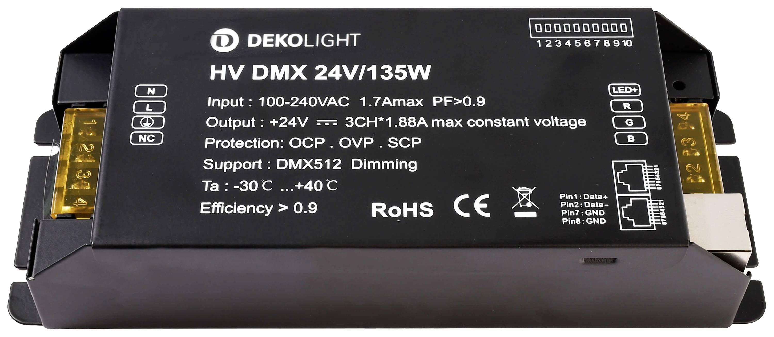 Črno ohišje DMX LED pretvornika znamke Dekolight, model HV DMX 24V/135W, s tehnično oznako in podatki o zmogljivosti.