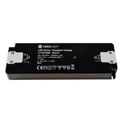 Črni LED napajalnik podjetja Dekolight, model UT12V/50W, primeren za vhodno napetost 100-240V in izhodno napetost 12V, maksimalna moč 50W.