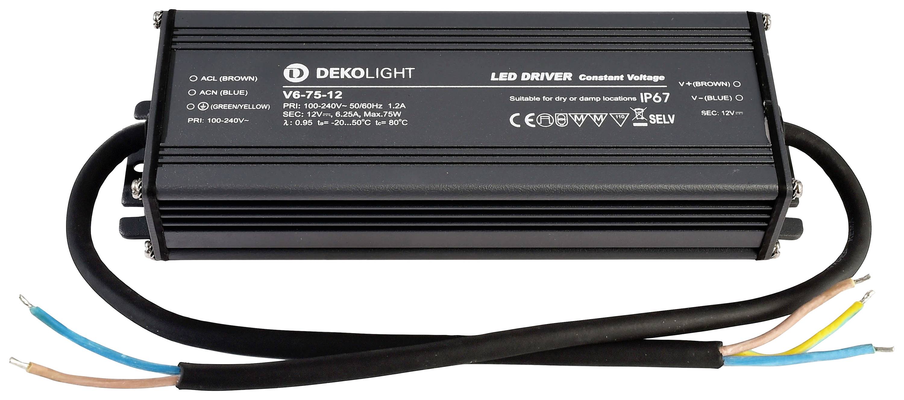 Črni LED napajalnik podjetja Dekolight z modelno številko V6-75-12. Primeren za notranjo in zunanjo uporabo, razvrščen IP67.