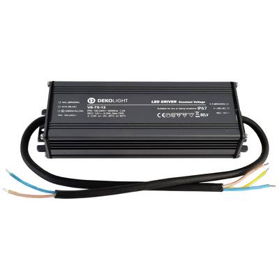Črni LED napajalnik podjetja Dekolight z modelno številko V6-75-12. Primeren za notranjo in zunanjo uporabo, razvrščen IP67.
