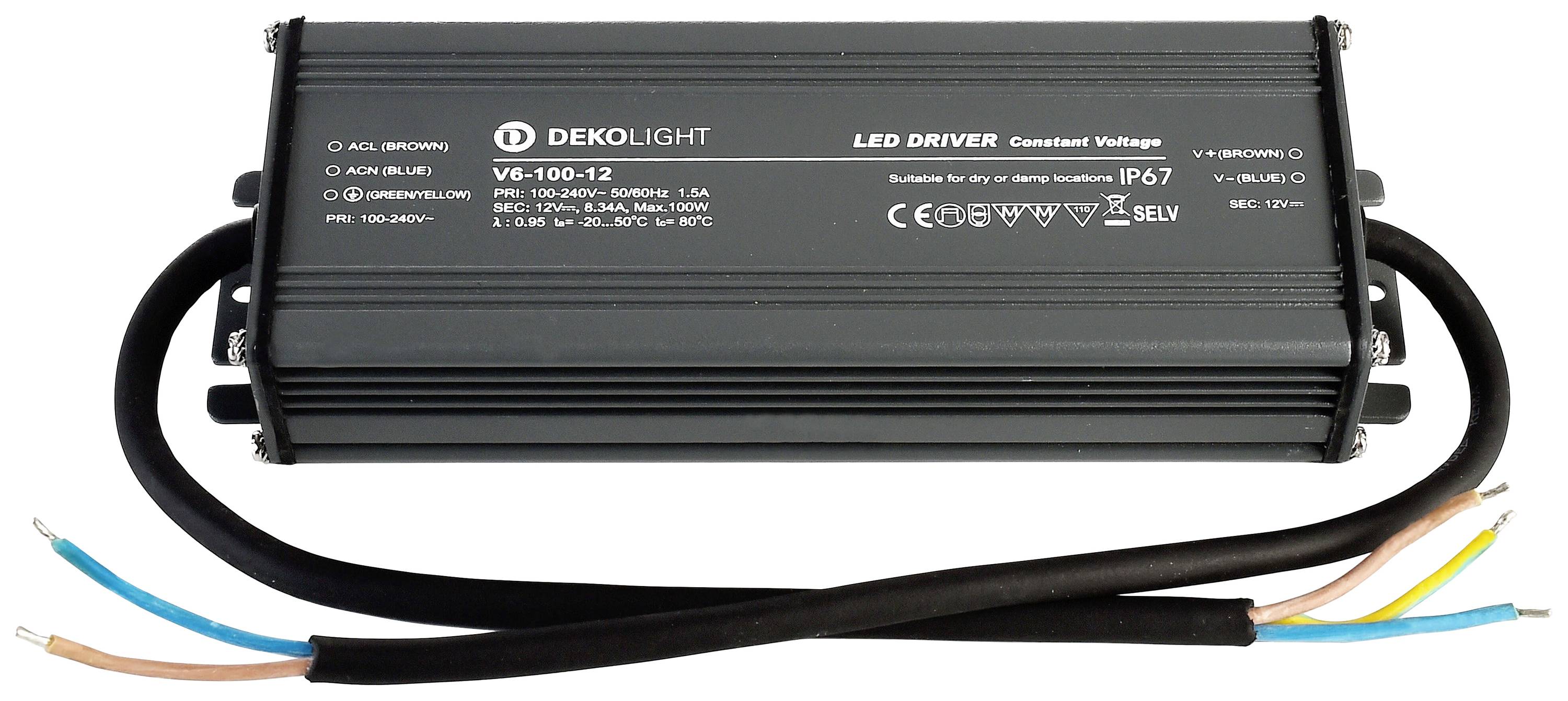Črni LED-gonilnik podjetja Dekolight, model VS-100-12, z kabli na obeh koncih in tehničnimi specifikacijami na zgornji strani.