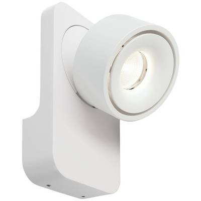 Bela, moderna stenska svetilka z okroglim, vrtljivim svetlobnim telesom. Svetilka je zasnovana minimalistično in sveti močno.