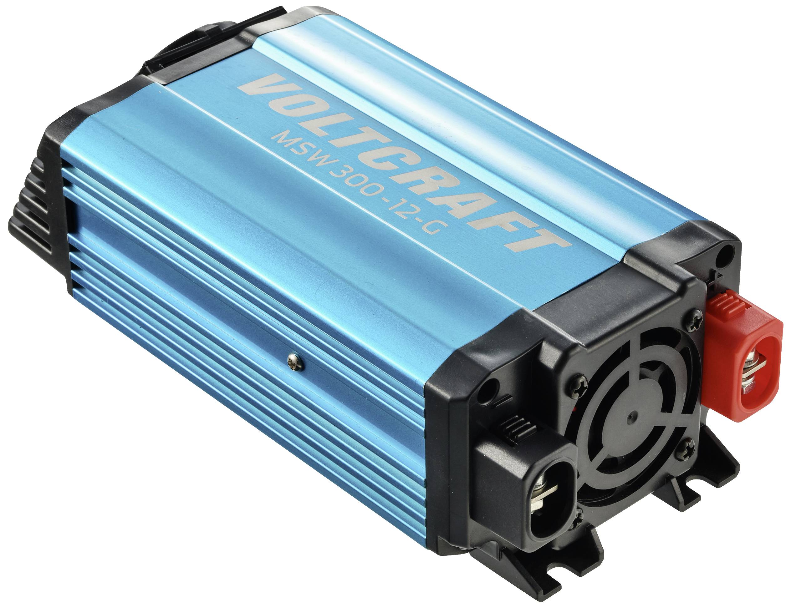 Moder napetostni pretvornik znamke Voltcraft, model MSW300-12G, z ventilatorjem in priključki, namenjen pretvorbi enosmernega toka v izmenični tok.