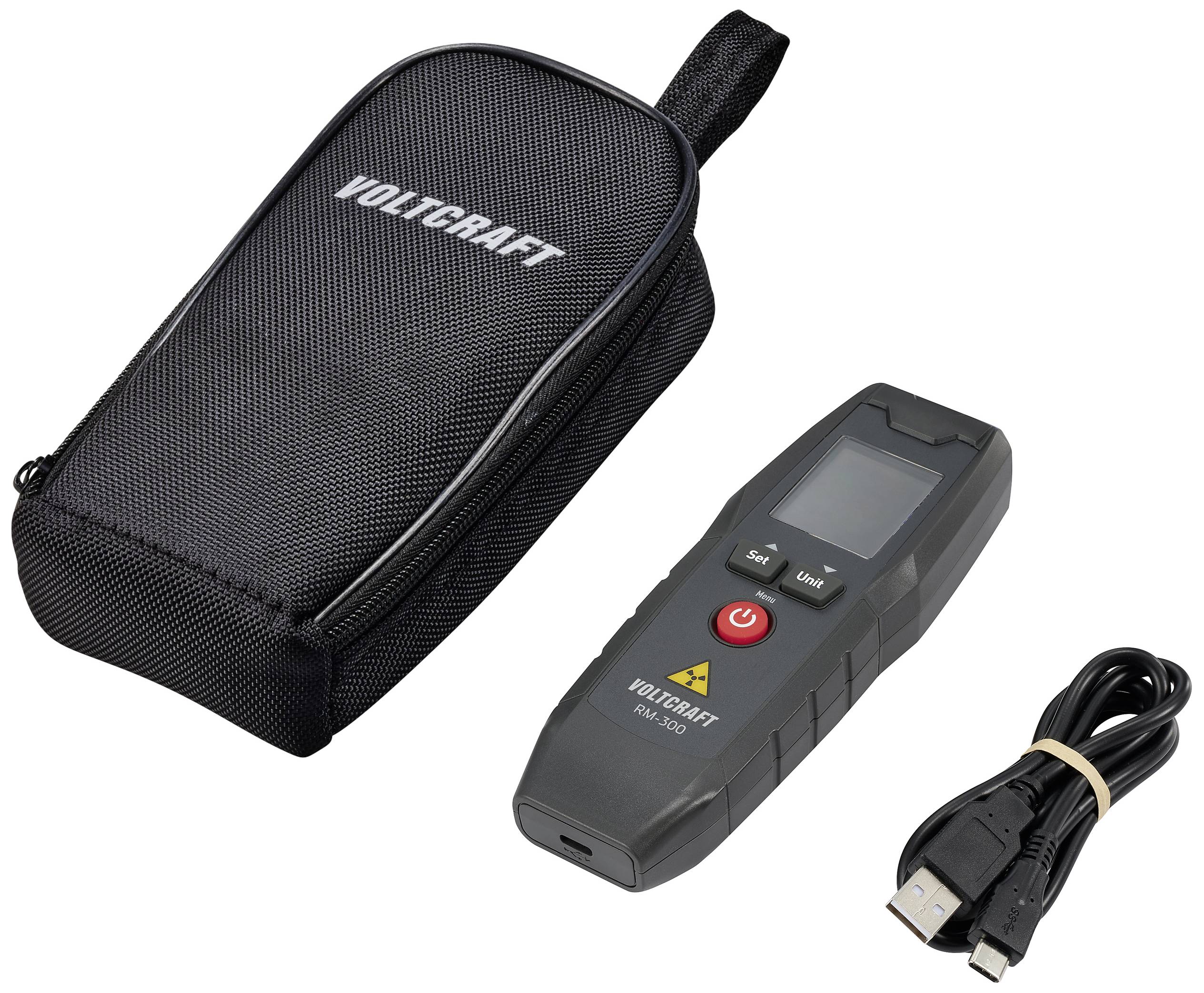 Merilnik razdalje VOLTCRAFT, vključno s torbico in USB kablom. Naprava prikazuje meritve na digitalni prikazovalnik. Idealen za natančno merjenje razdalj.