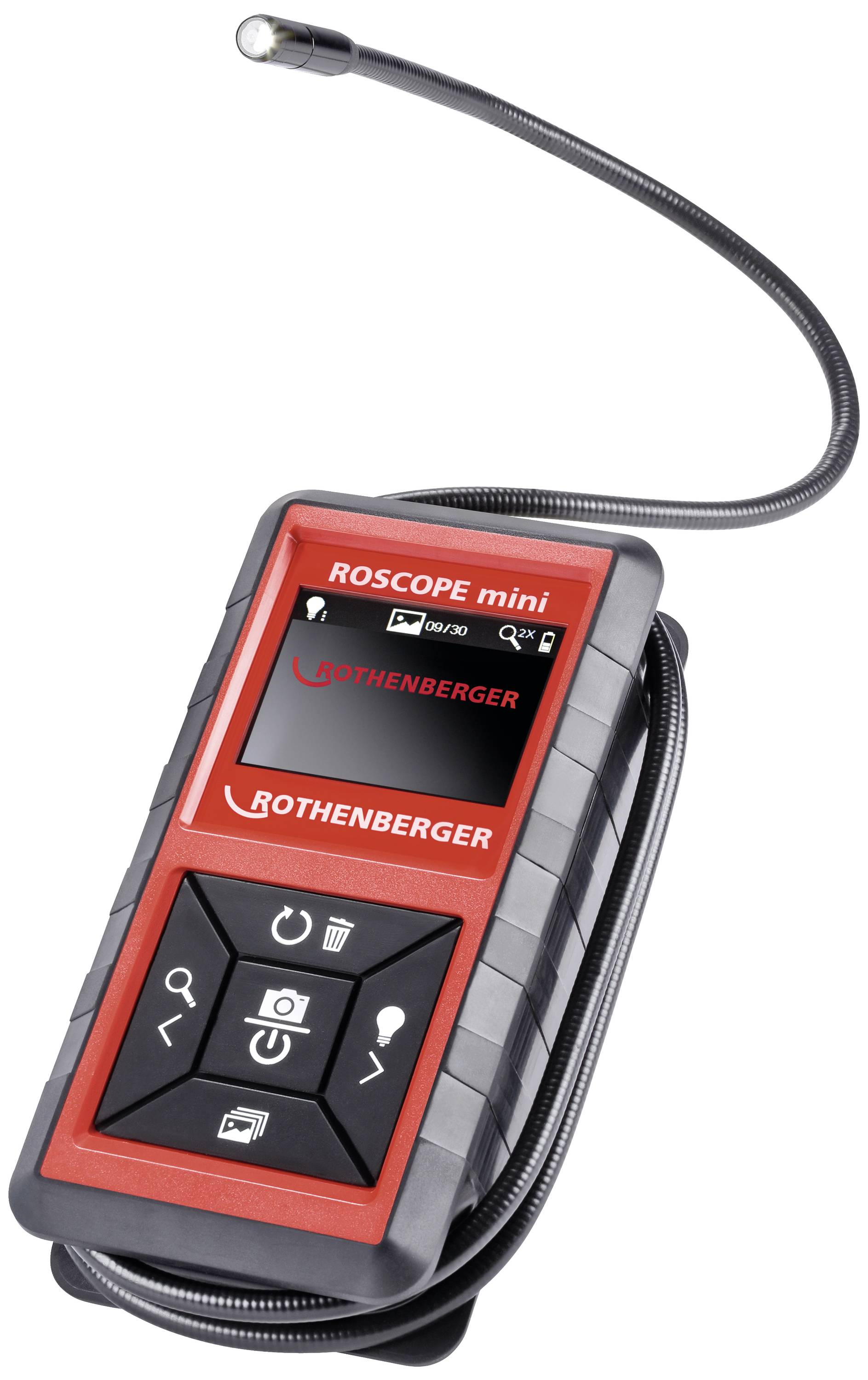 Ročna inšpekcijska kamera 'ROTHENBERGER ROVERSCOPE Mini' s fleksibilnim vratom za dostop do težko dosegljivih mest v rdečem ohišju.