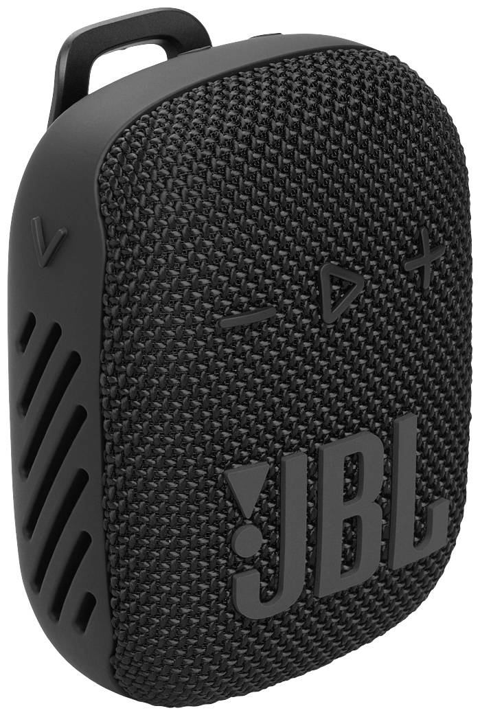 Prenosljiv črn zvočnik s tkano površino, stranskimi tipkami za glasnost in logotipom 'JBL' na sprednji strani.
