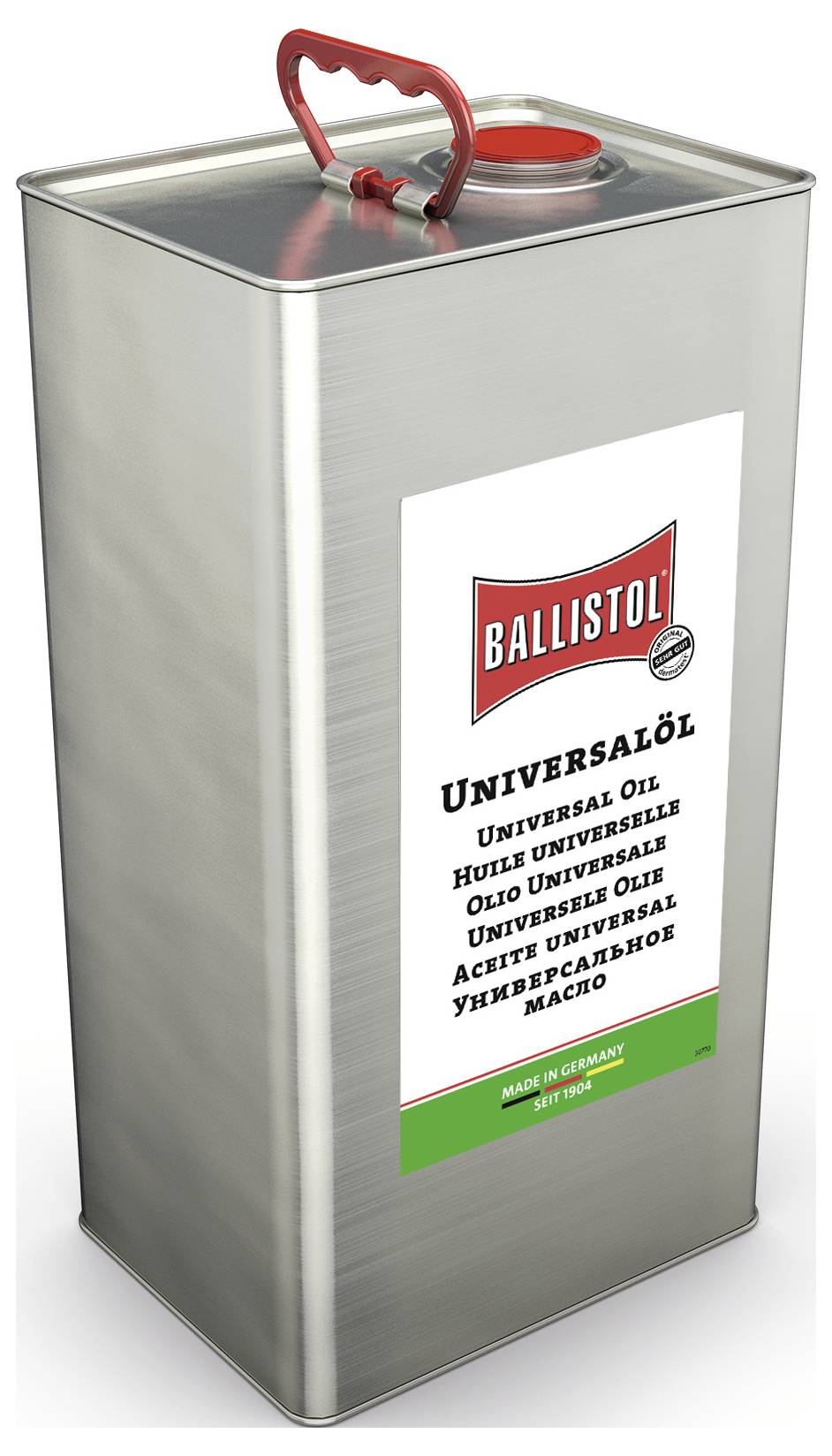 Pločevinka Ballistola univerzalnega olja z rdečim ročajem in nalepko, prikazana na beli podlagi.