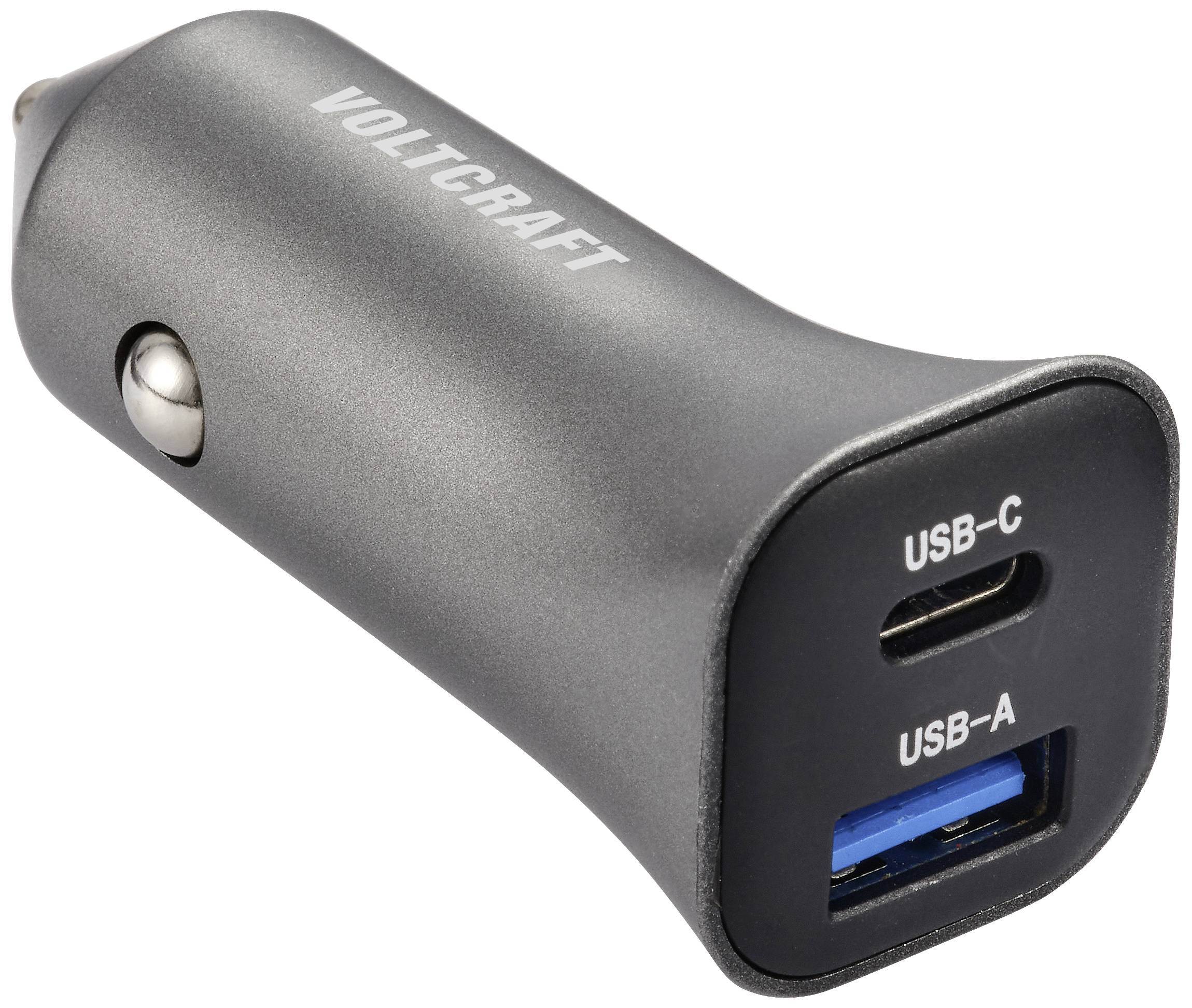 Avtomobilski adapter v črni barvi s priključkoma USB-C in USB-A na sprednji strani. Blagovna znamka 'VOLICRAFT' na zgornji strani.