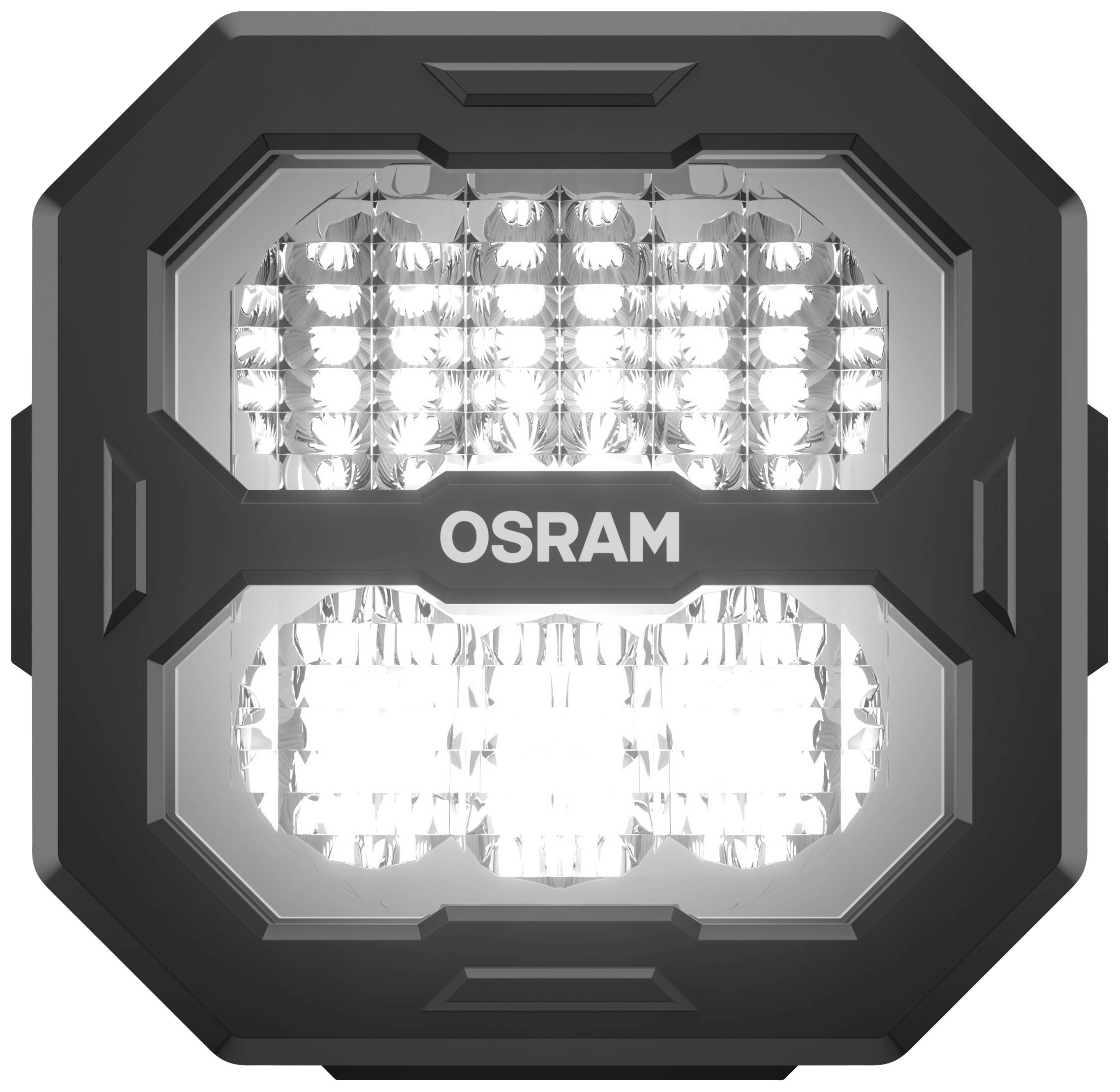 Kvadratna LED-svetilka z logotipom 'OSRAM' na sredini, ki svetlo sveti. Črn okvir, primeren za avtomobilsko razsvetljavo.