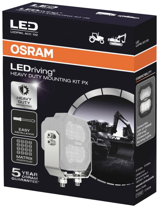 Embalaža za OSRAM LED delovno svetilko. Prikazuje primere uporabe na gradbišču in kmetijskih strojih. '5 let garancije' izpostavljeno.