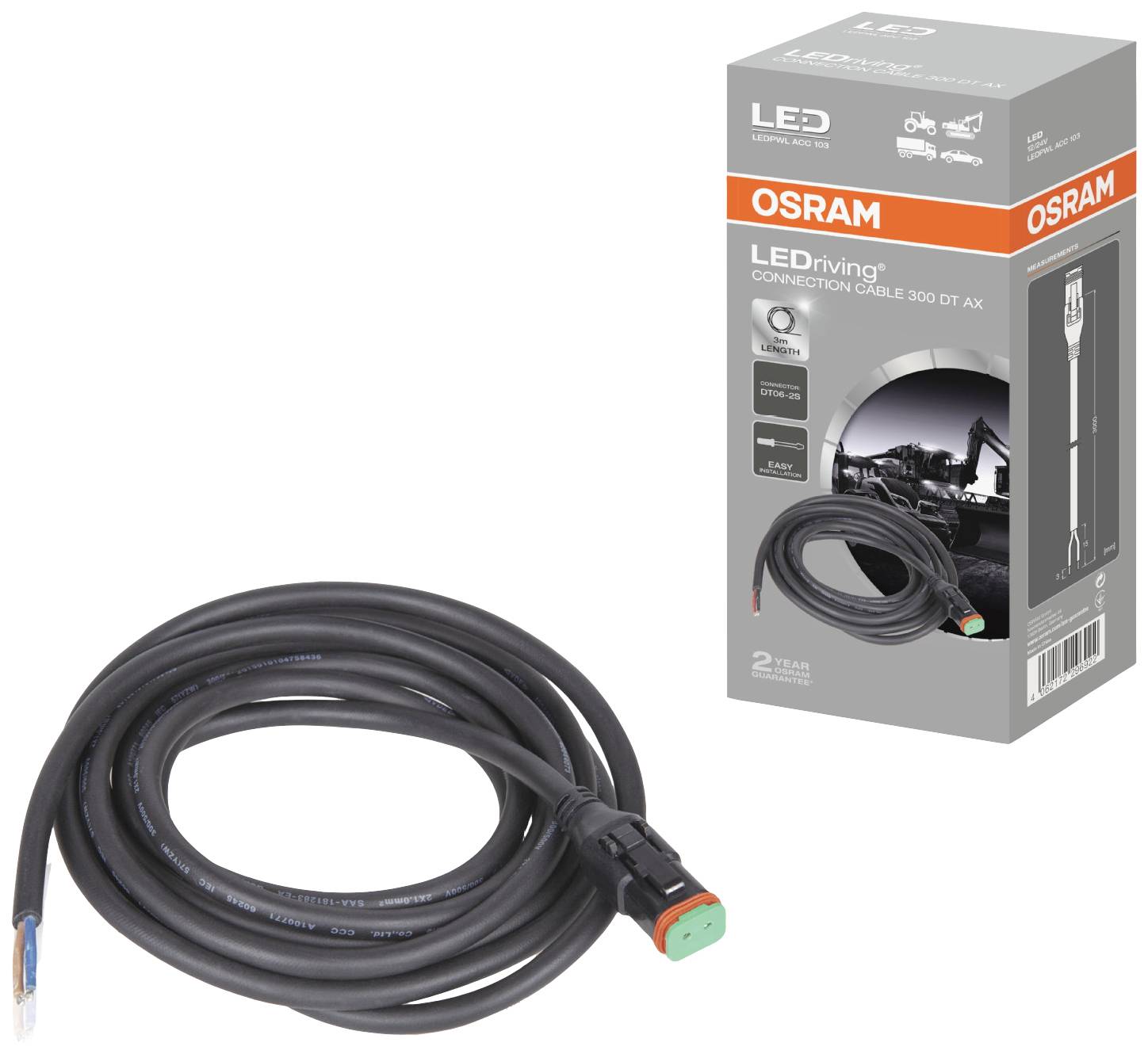 Osram LEDriving povezovalni kabel, dolžina 5000 mm, primeren za LED-sisteme osvetlitve, slika kabla z embalažo.