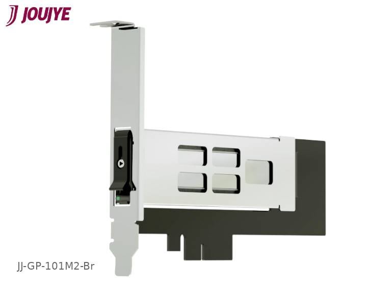 PCIe razširitvena kartica z odprto odprtino, pogled s strani. Zgoraj levo logotip. Spodaj levo piše 'JJ-GP-101M2-Br'.