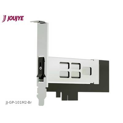 PCIe razširitvena kartica z odprto odprtino, pogled s strani. Zgoraj levo logotip. Spodaj levo piše 'JJ-GP-101M2-Br'.