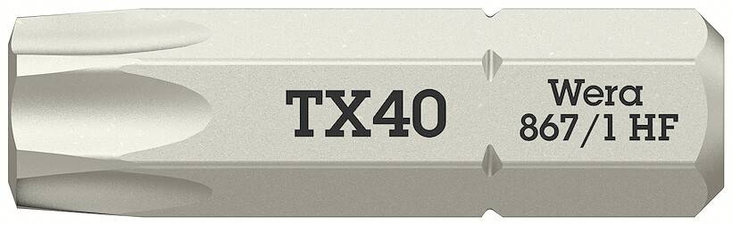 'Torx-bit TX40 podjetja Wera, model 867/1 HF, prikazuje sprejemni profil in oznake.'