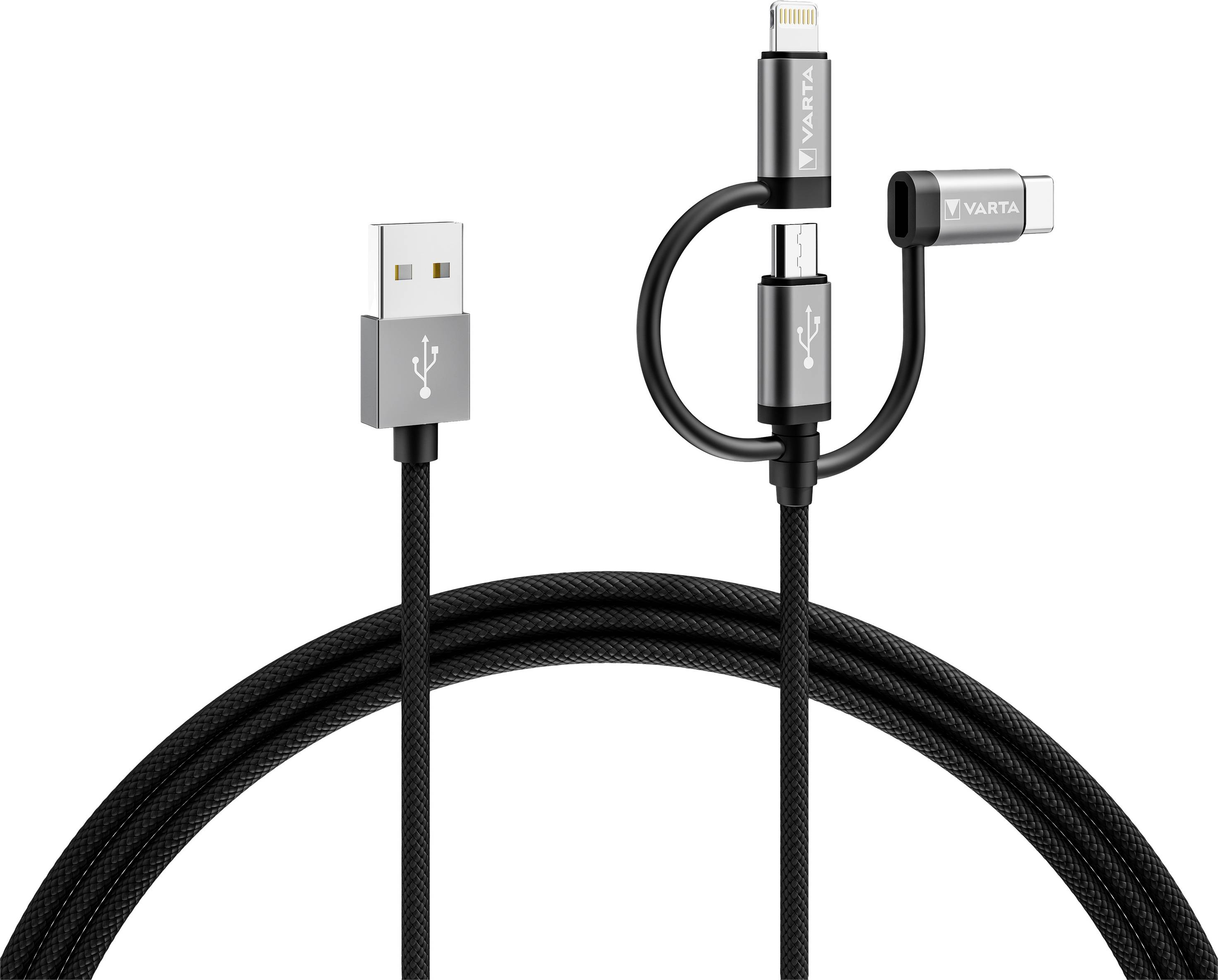Črn VARTA polnilni kabel z USB priključkom in 3-v-1 adapterjem za Lightning, Micro-USB in USB-C.