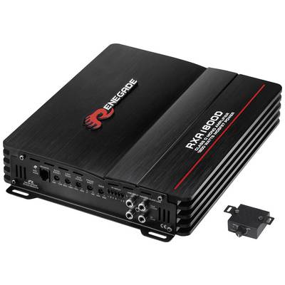 Črn ojačevalec za avto z napisom 'Renegade', model 'RXA1000D'. Več priključkov in majhen daljinski upravljalnik sta vidna.