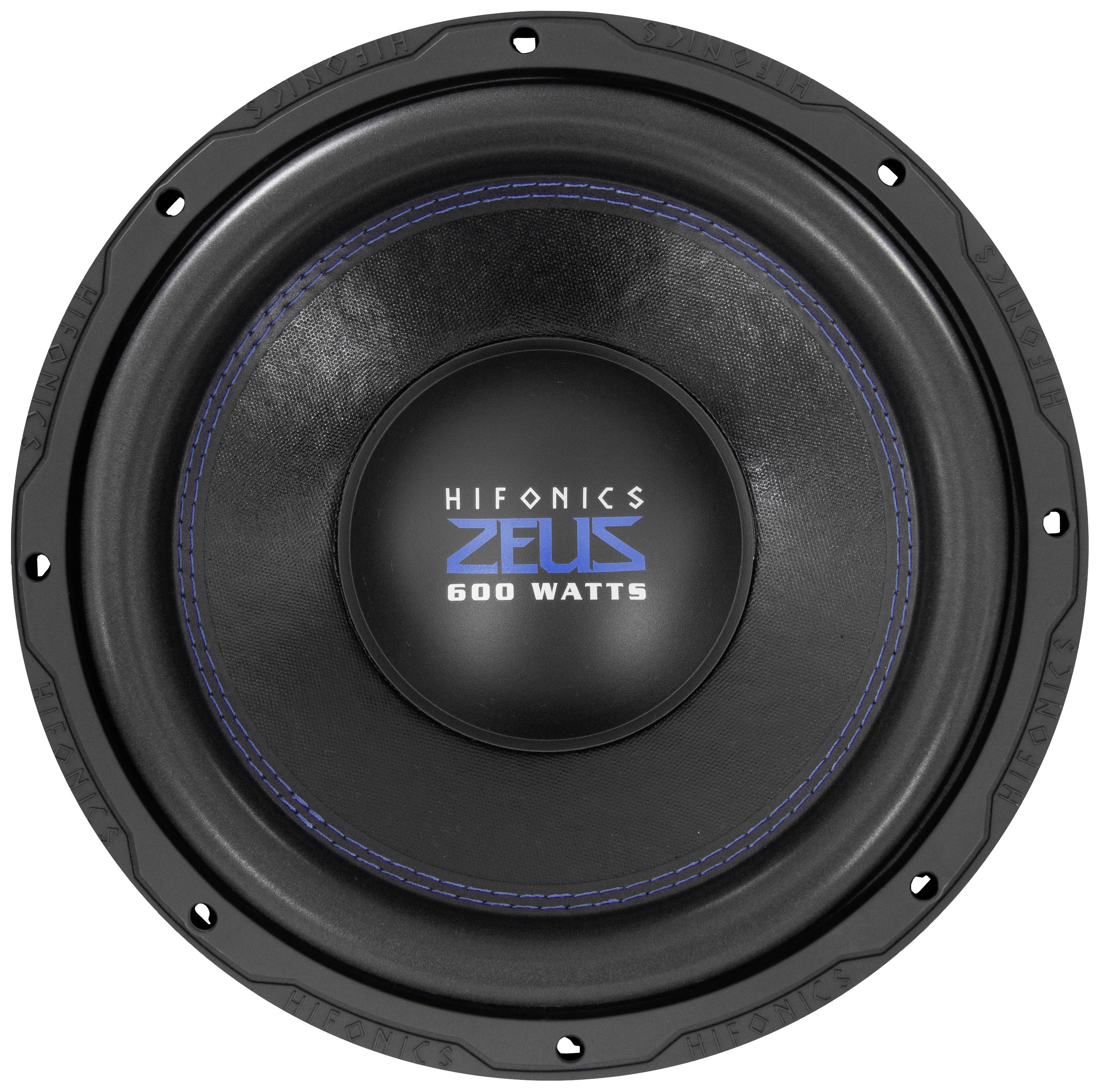 Črn Hifonics zvočnik z napisom 'ZEUS 600 WATTS' na sredini, obdan z modrimi šivi.