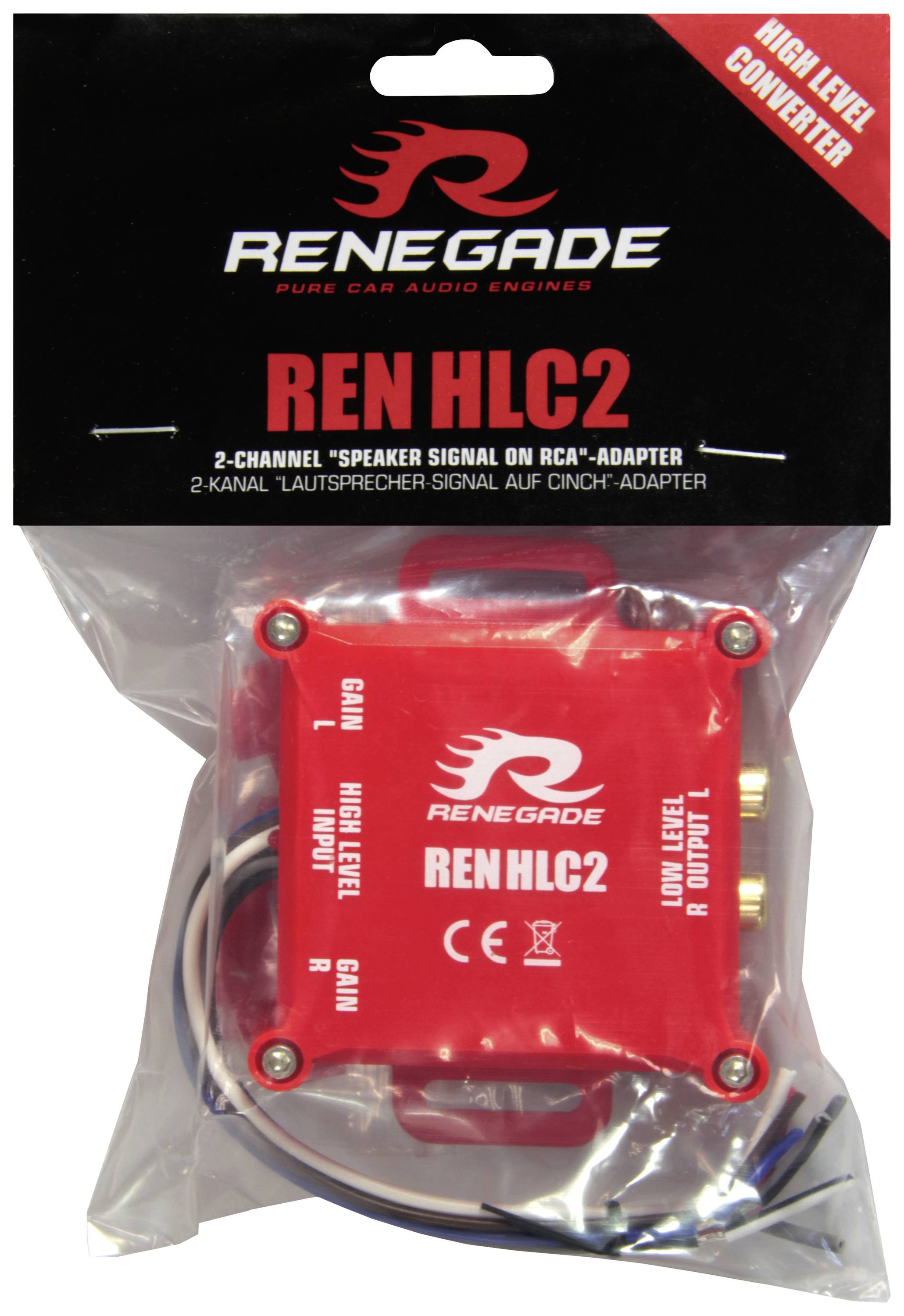 'Renegade REN HLC2', dvokanalni visokonivojski pretvornik v prozornem vrečku, pretvarja signale zvočnikov v RCA-izhod.