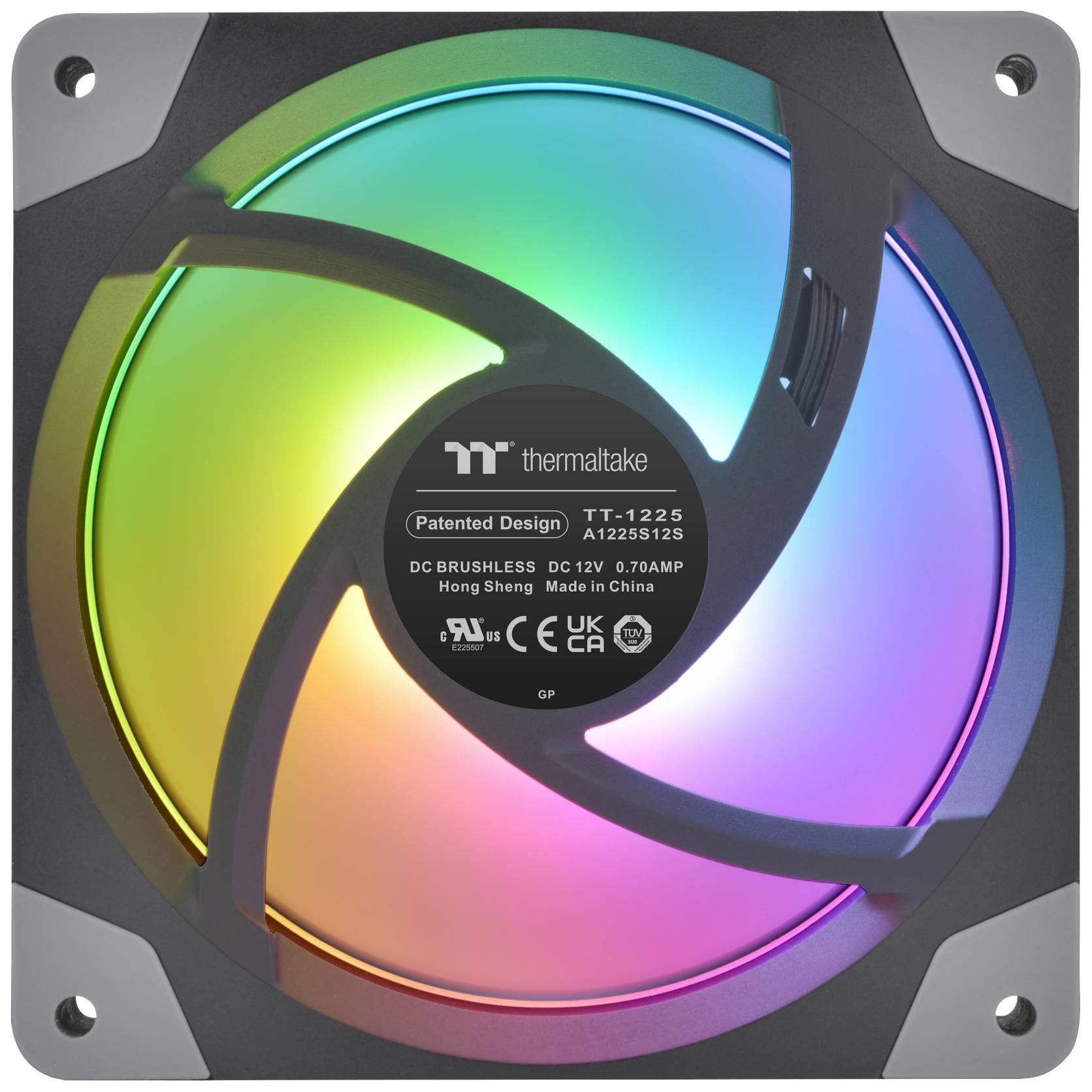 Ventilator z mavričnim RGB osvetljenjem, na osrednjem nalepki prikazuje logotip blagovne znamke 'Thermaltake' in specifikacije.