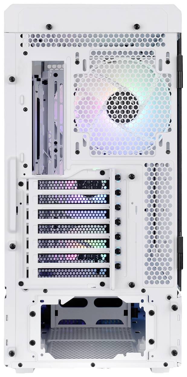 Bela zadnja stran ohišja računalnika z ventilatorjem in razširitveni reži. RGB osvetlitev vidna skozi odprtine ohišja.