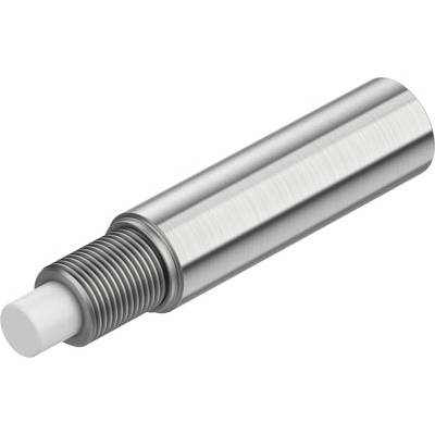 Kovinski valj z navojem na sredini in belo konico. Možna uporaba: industrijski ali strojni component.