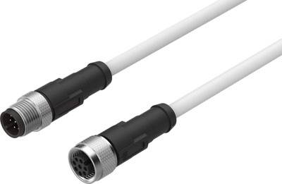 Dva bela kabla z okroglimi, večpolnimi vtikači in priključki. Primerna za industrijske ali elektronske povezave.
