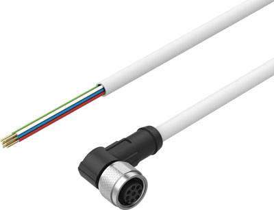 Bel kabel z ukrivljenim vtičem in izpostavljenimi žicami v zeleni, modri, rdeči in rjavi barvi, primeren za električne povezave.