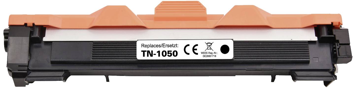 Črn toner TN-1050 z oranžnim pokrovom, namenjen zamenjavi v določenih modelih tiskalnikov.