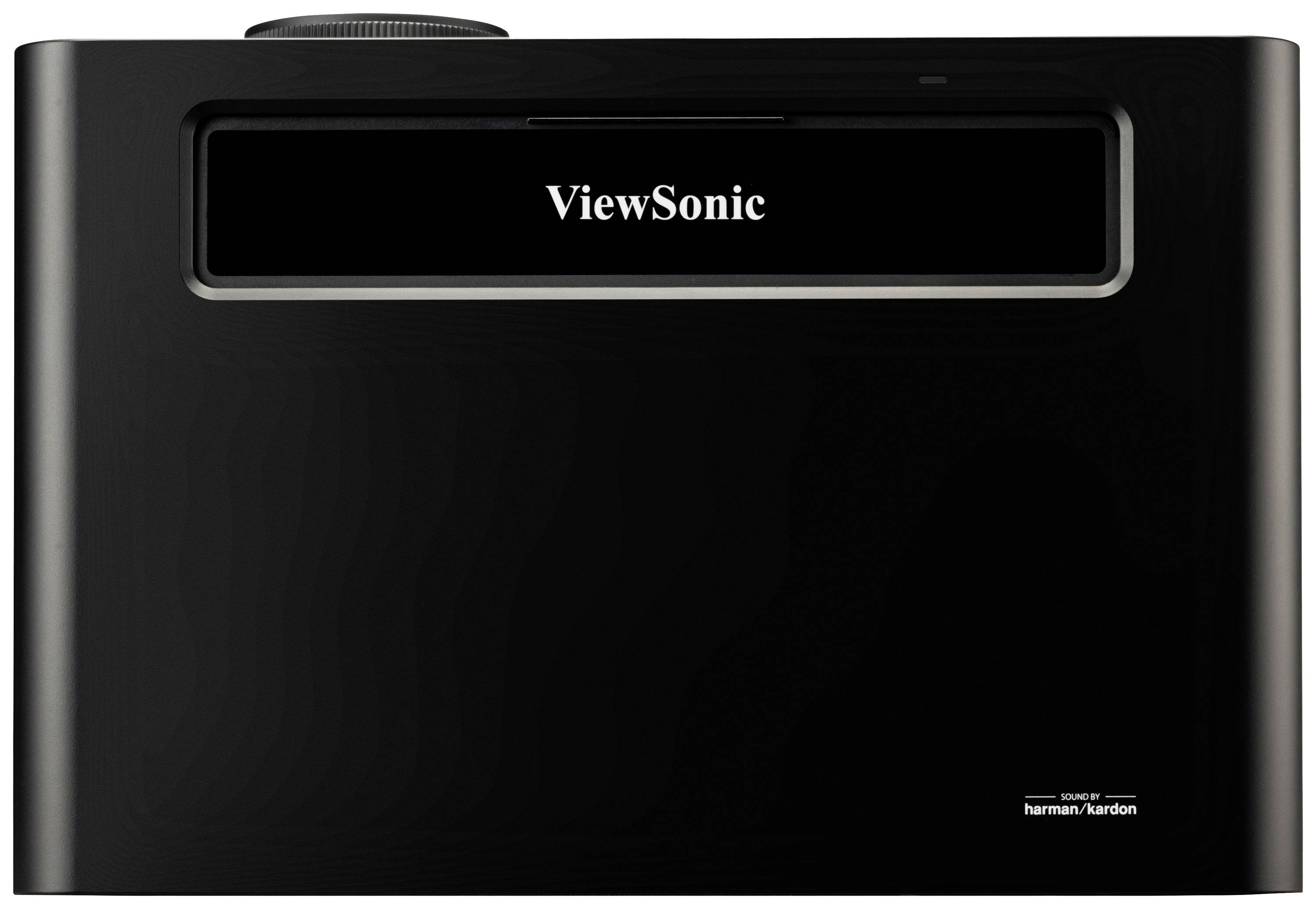 Logotip 'ViewSonic' na sprednji strani črne, pravokotne naprave z zaobljenimi vogali, verjetno projektor.