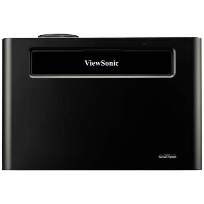 Logotip 'ViewSonic' na sprednji strani črne, pravokotne naprave z zaobljenimi vogali, verjetno projektor.