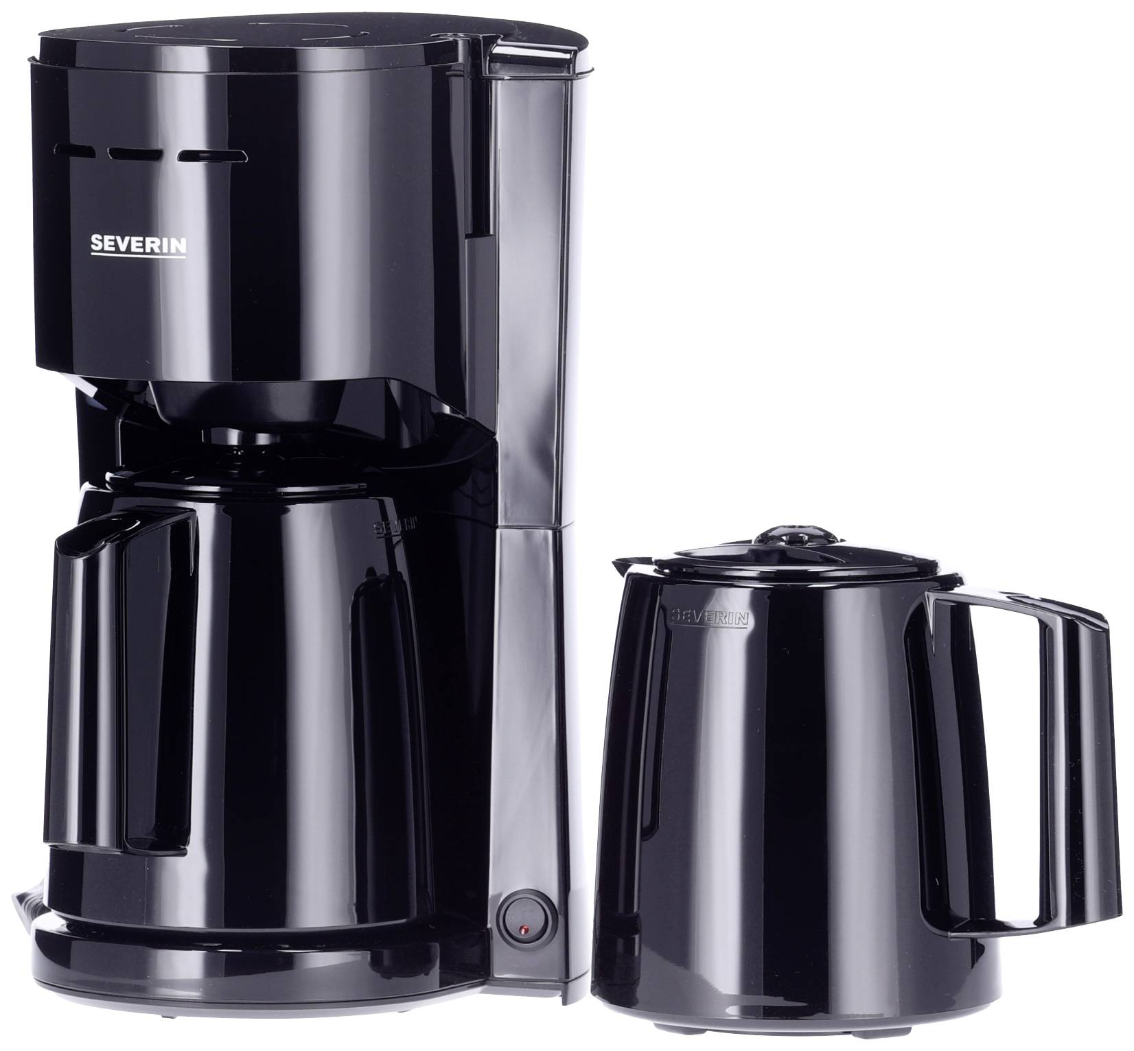 Črn kavni aparat z vrčkom ob strani, primeren za pripravo filtrske kave.
