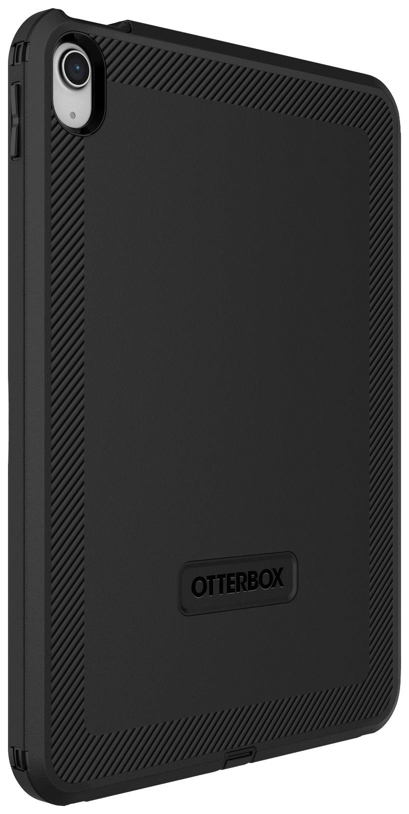 Črn OtterBox zaščitni ovitek za tablico, prikazuje zadnjo stran ohišja z teksturnimi detajli in izrezom za kamero zgoraj levo.