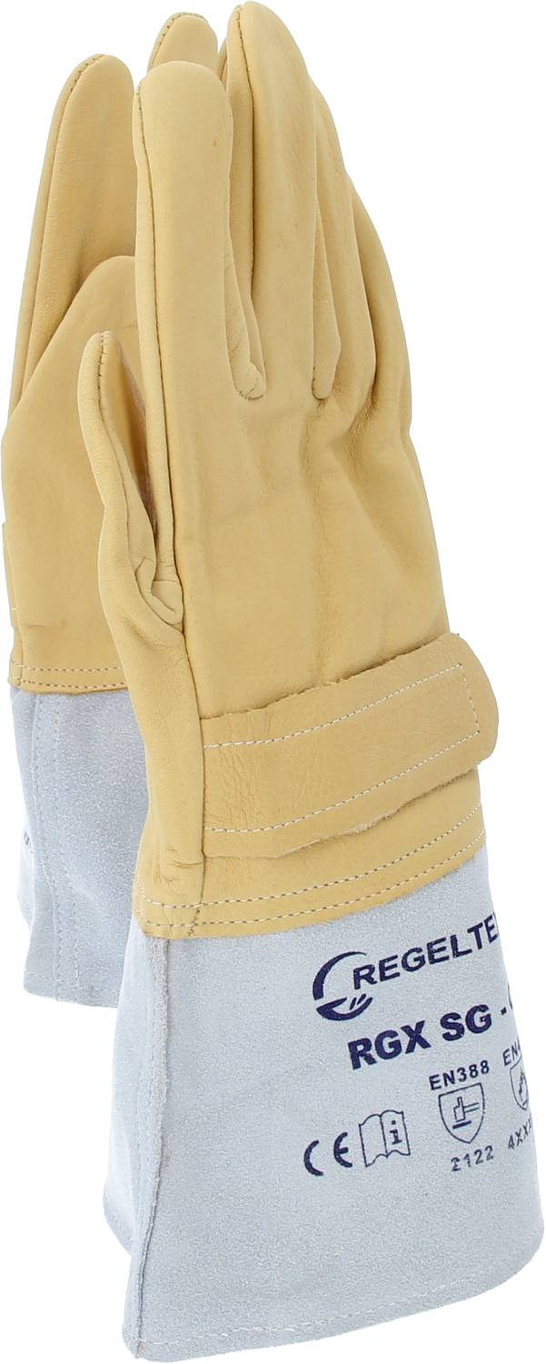 Zaščitne usnjene rokavice v sivo-rumeni barvi, primerne za industrijske dejavnosti. Označene s CE-oznako in normativi.
