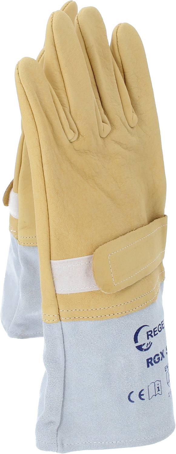 'Rumeni zaščitni usnjeni rokavice s ojačano dlanjo in ježkom na zapestju, primerni za gradbena ali vrtna dela.'