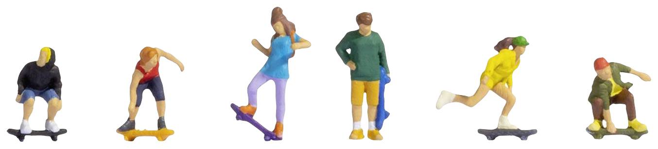 Šest barvnih miniaturnih figur vozi na rolkah v različnih pozah. Oblečeni so v športna, sproščena oblačila.
