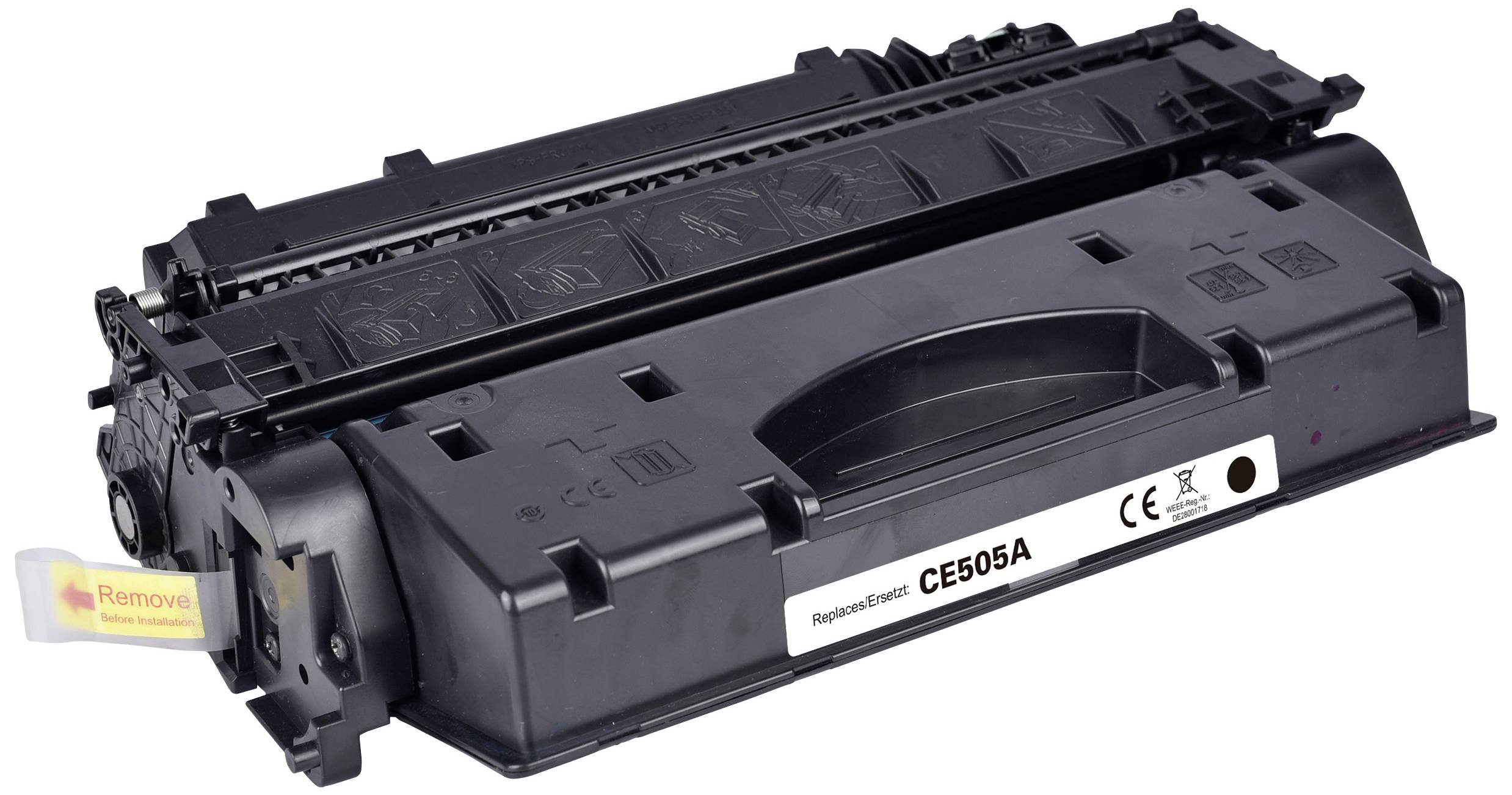 Črna tonerska kaseta z napisom 'CE505A', primerna za laserske tiskalnike, prikazana na beli podlagi.