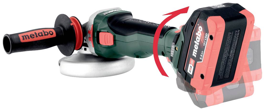 Akumulatorski brusilnik 'Metabo' z ročajem in vrtečo se brusilno glavo, idealen za brezžično brušenje in poliranje površin.