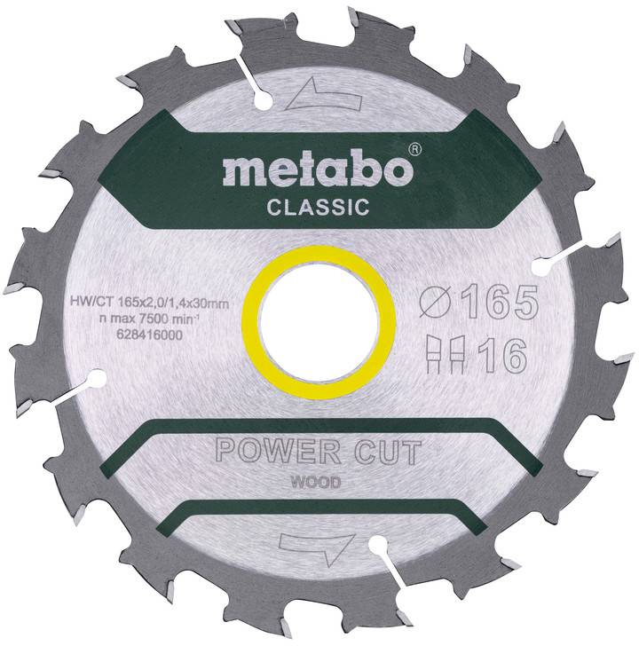 Kovinska okrogla žaga za les z oznako »metabo CLASSIC« in »POWER CUT wood«, s premerom 165 mm in 16 zobmi.