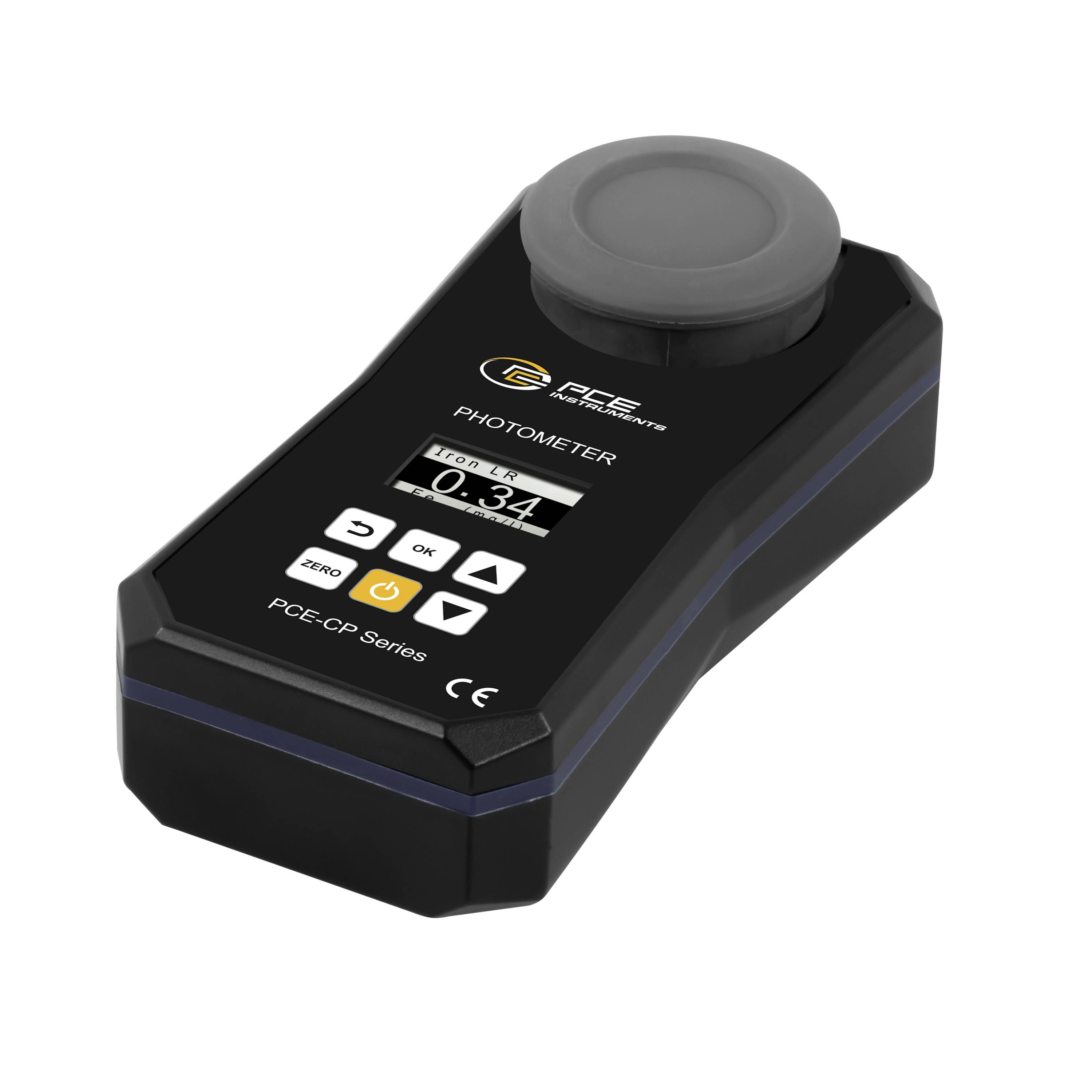Prenosni črni fotometer z vzorčno kiveto na vrhu in digitalnim prikazom, ki kaže odčitek 0,34.