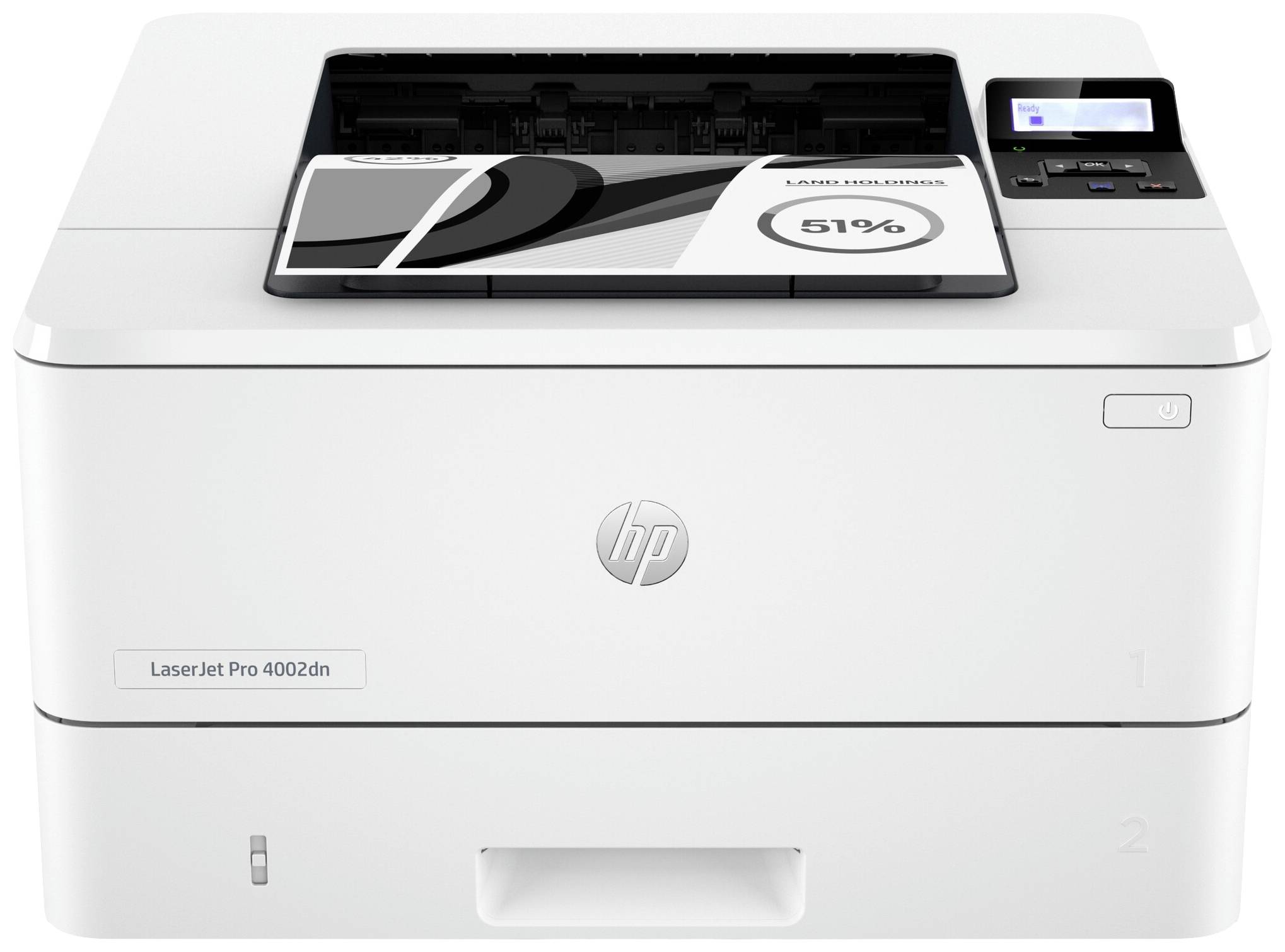 Bel laserski tiskalnik z dokumentom, ki delno štrli iz zgornjega predala. Model 'LaserJet Pro 4002dn'.