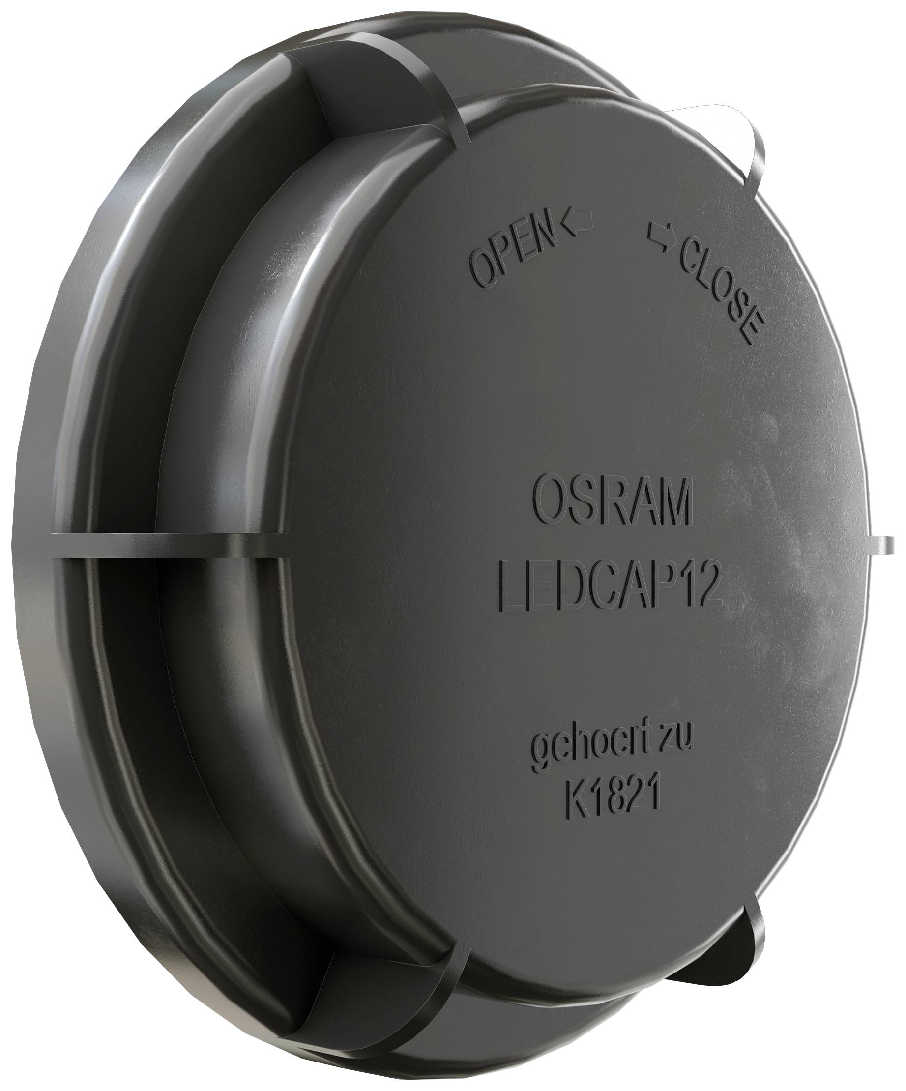 Okrogla kovinska kapa z napisom 'OSRAM LEDCAP12'. Oznake 'OPEN' in 'CLOSE' prikazujejo smer odpiranja.