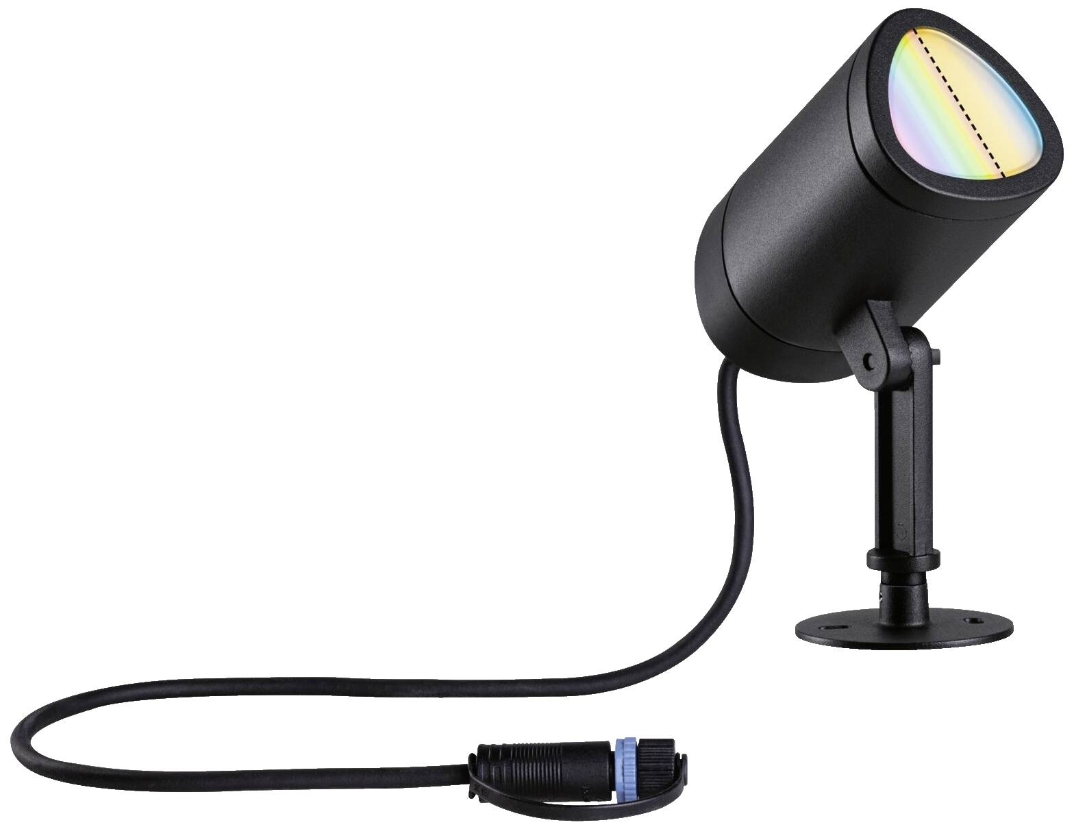 Črn LED reflektor z enim kablom in vtičem, ki na leči prikazuje barvni preliv.