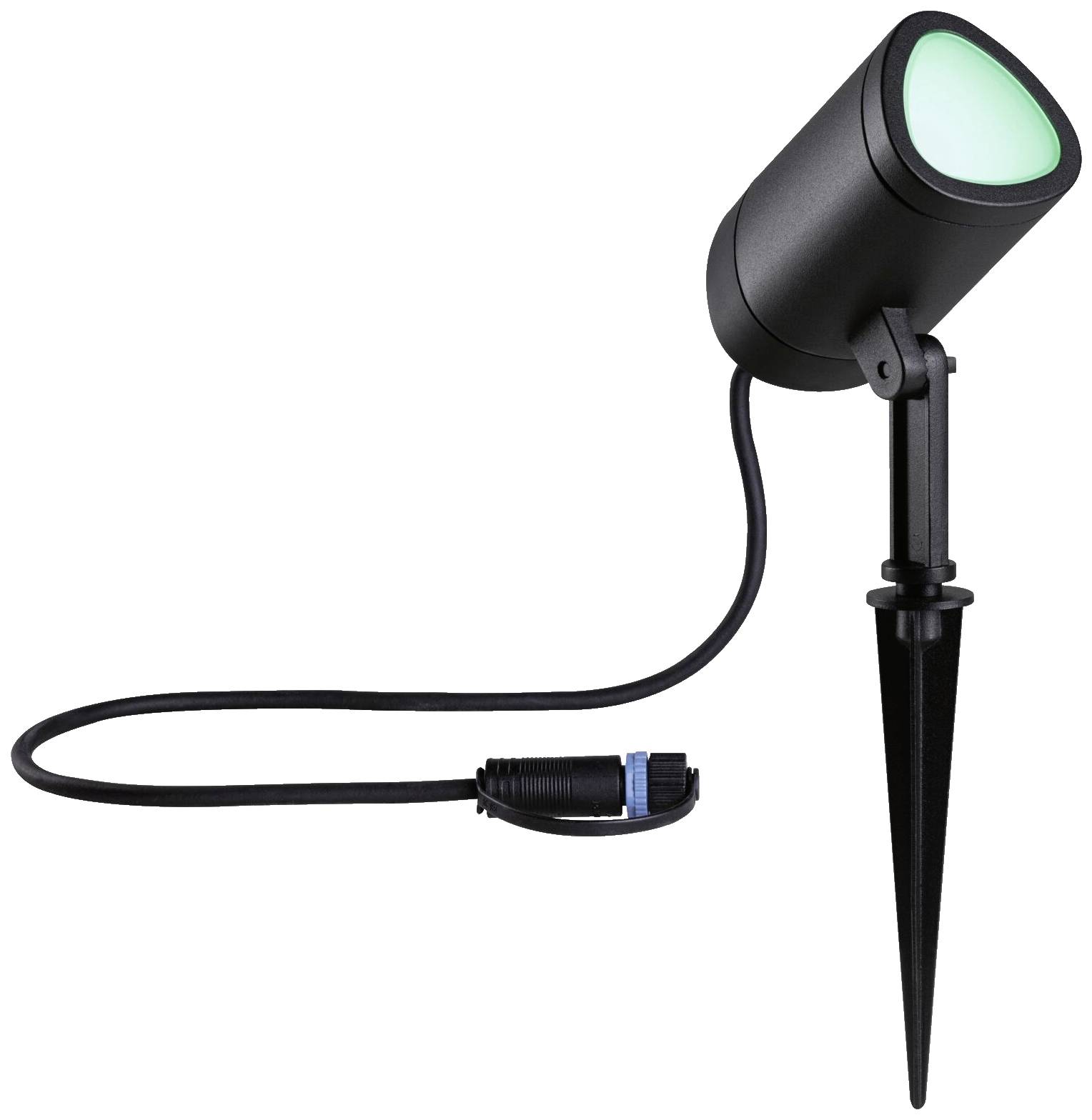 Črn LED vrtni reflektor z zabetonskim drogom, okroglo svetilno glavo in zeleno svetlobo. Priključen je črno-moder električni kabel.