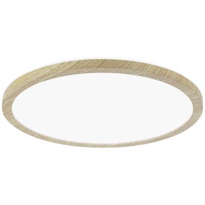 Okrogla LED stropna svetilka z lesenim okvirjem, minimalistično oblikovana, primerna za sodobne notranje prostore.