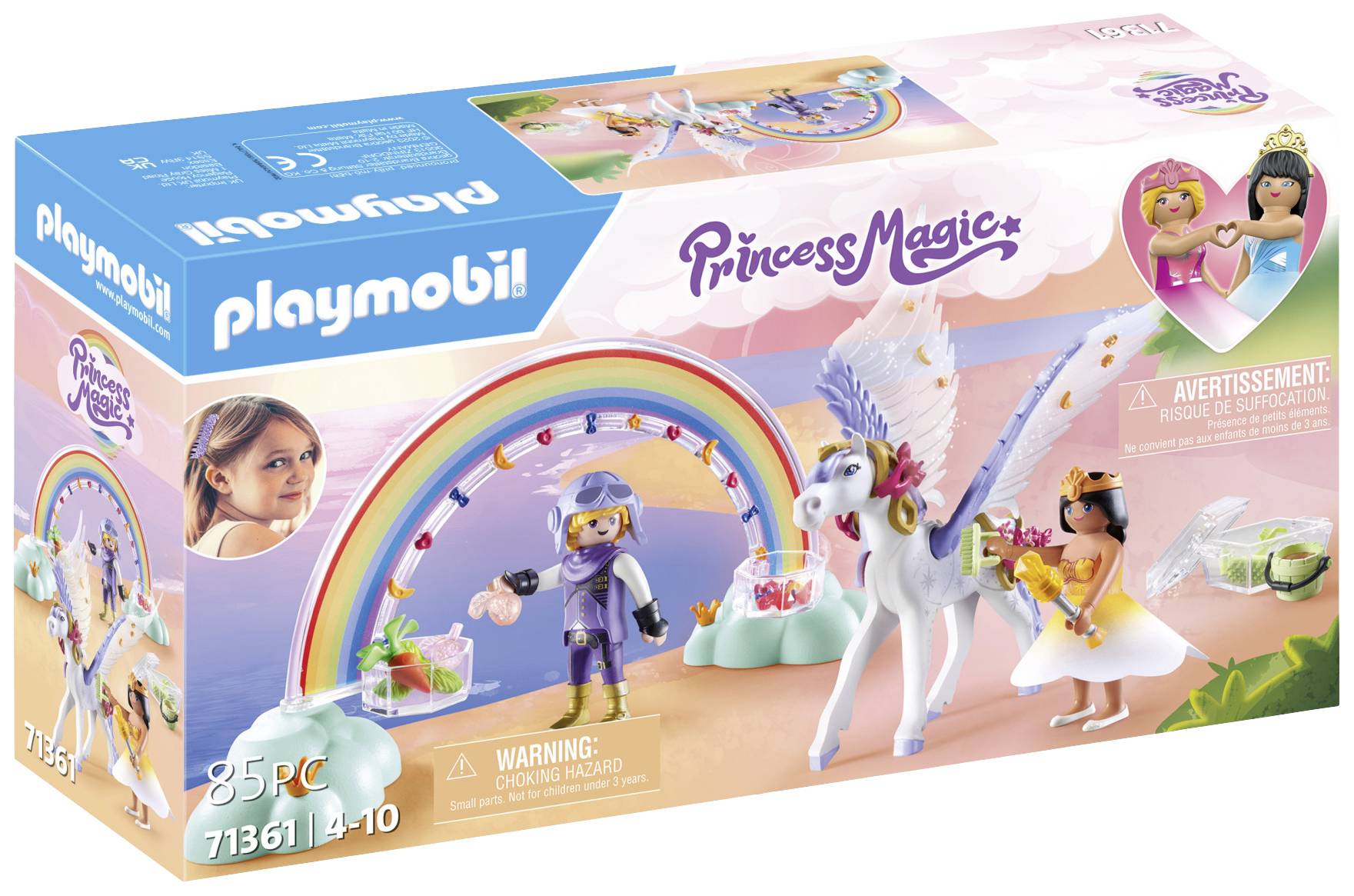 Playmobil igralna škatla za otroke, serija 'Princess Magic'. Vsebuje figuro, samorog s krili in dodatno opremo. Primerno za otroke od 4. leta naprej.